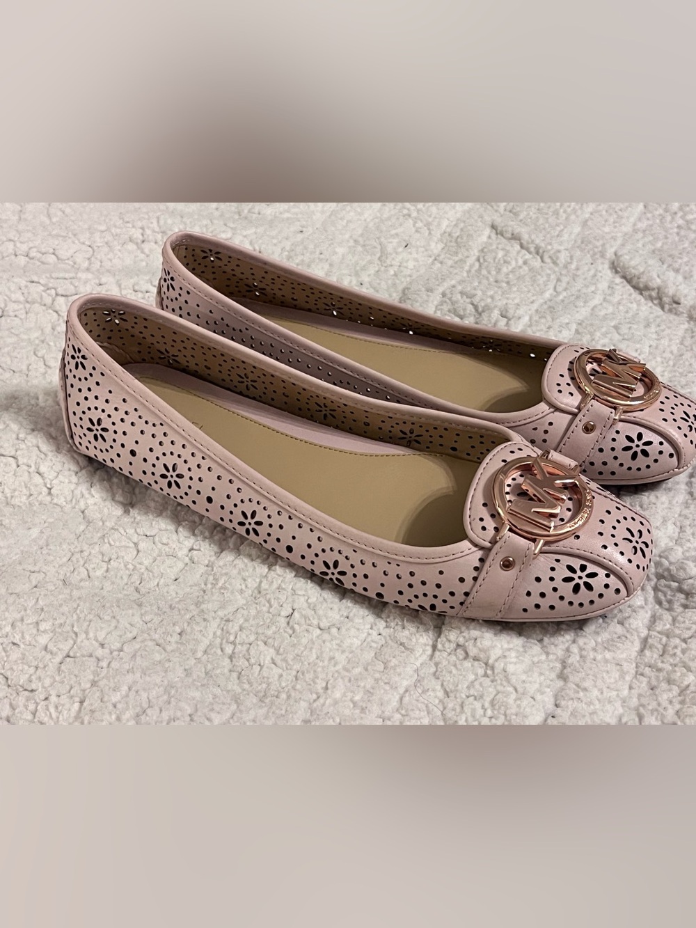Size 8.5- leather Fulton Moc Perforated Flats - Soft Pink- rose gold accent